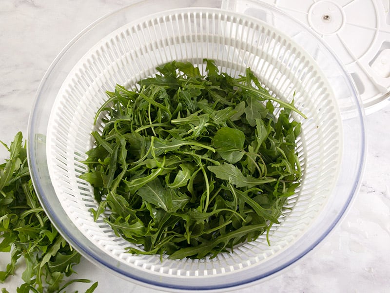 Baby arugula/rocket in a salad spinner.