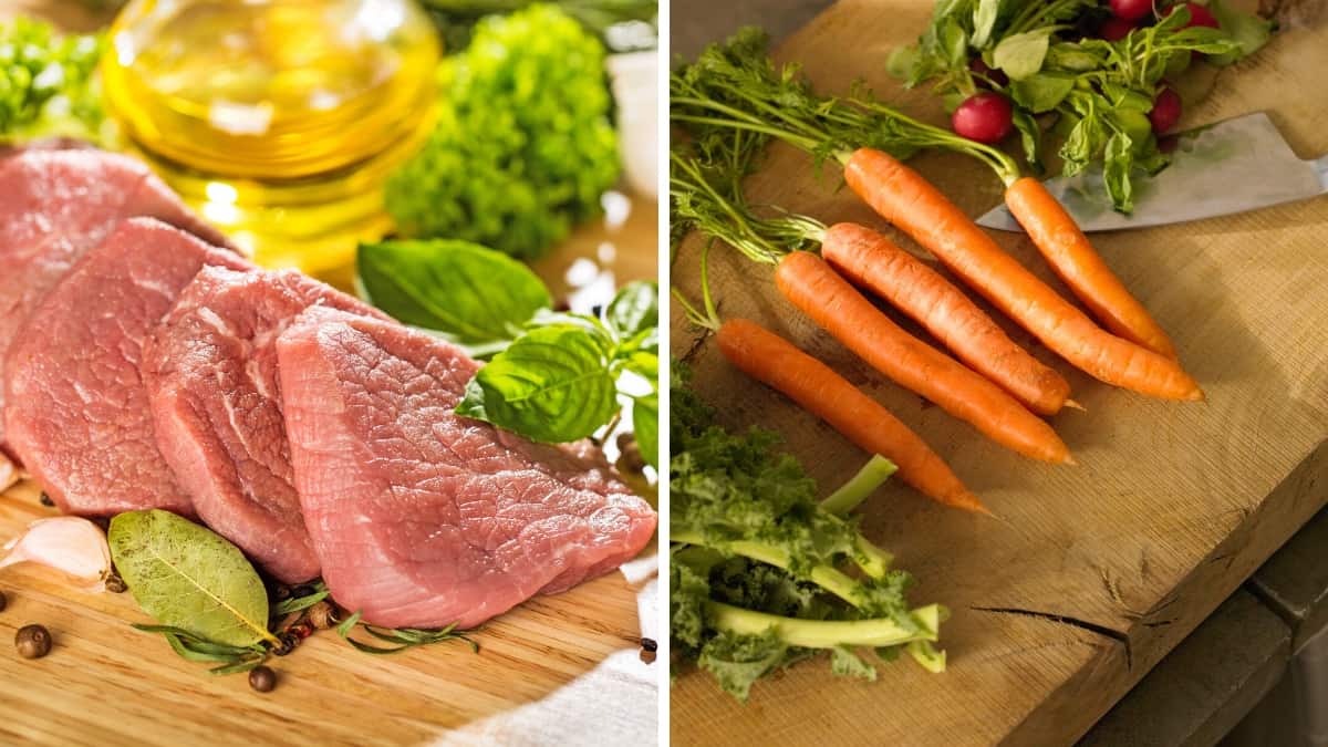 MEAT AND VEG ON CHOPPING BOARDS