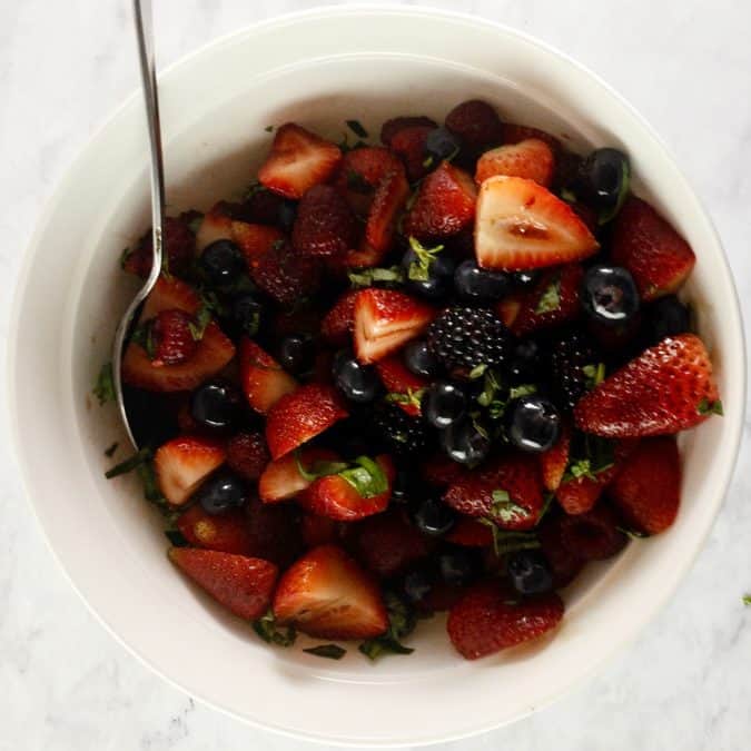 BERRIES, BASIL AND BALSAMIC TOSSED IN BOWL