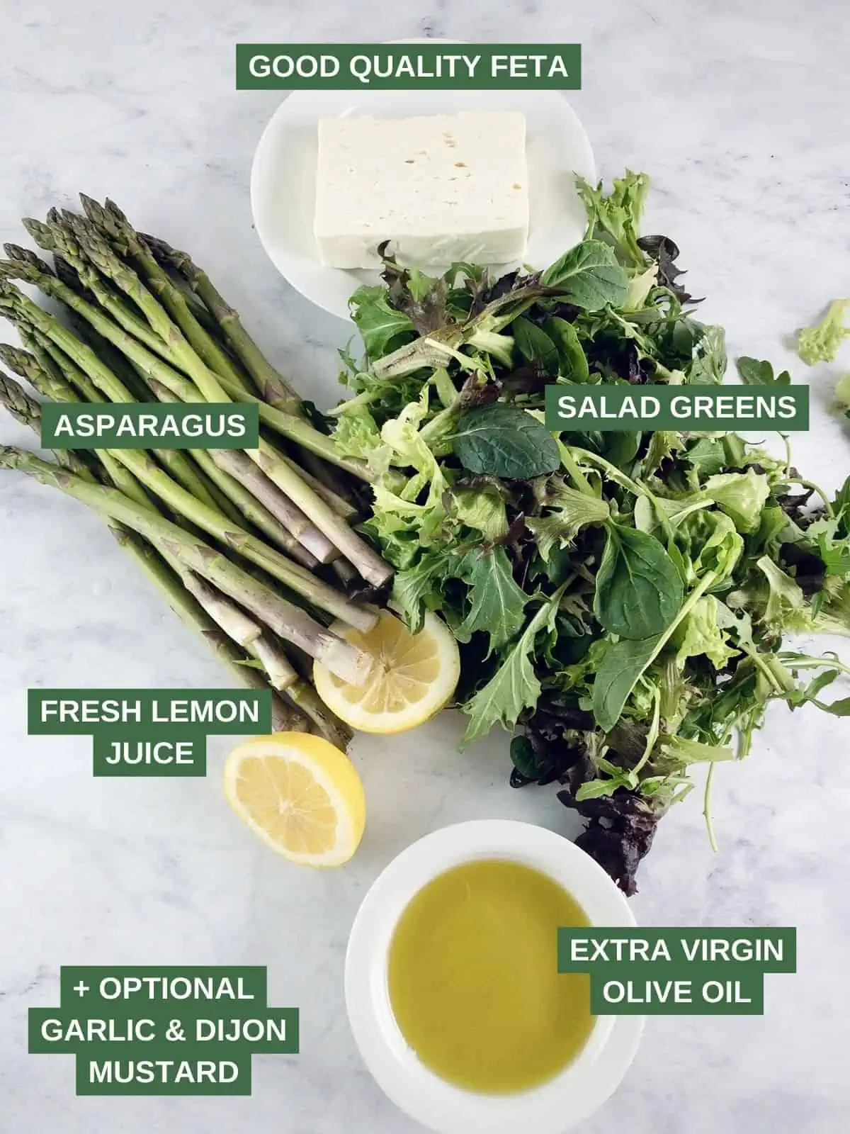 Labelled ingredients needed to make blanched asparagus salad with feta.