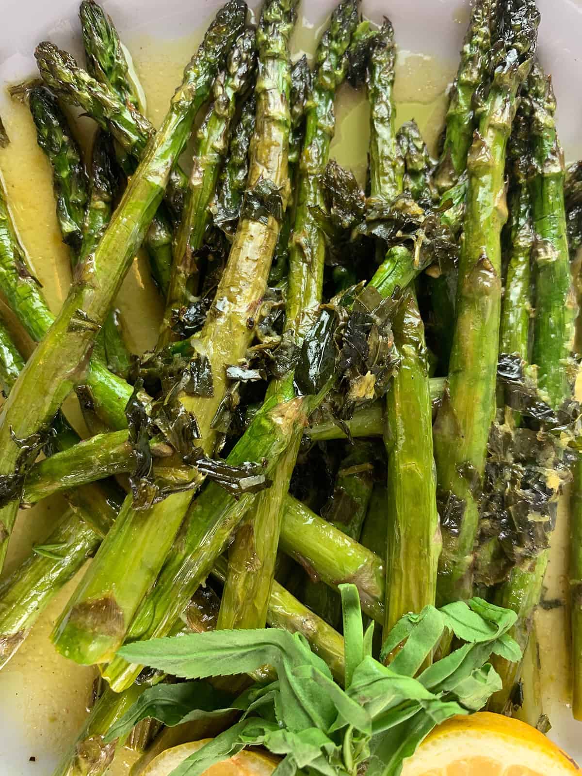 Close-up oven-roasted asparagus salad. 