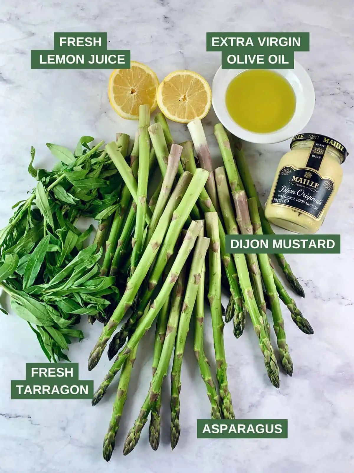 Labelled ingredients needed to make oven roasted asparagus.