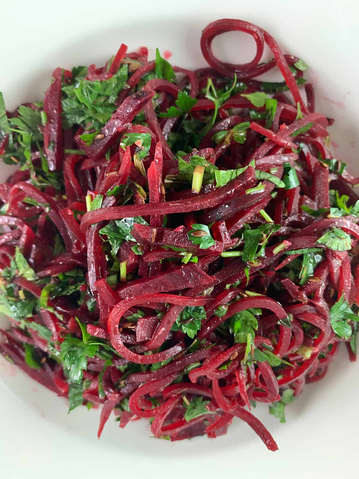 A close up of Spiral Cold Beetroot Salad.