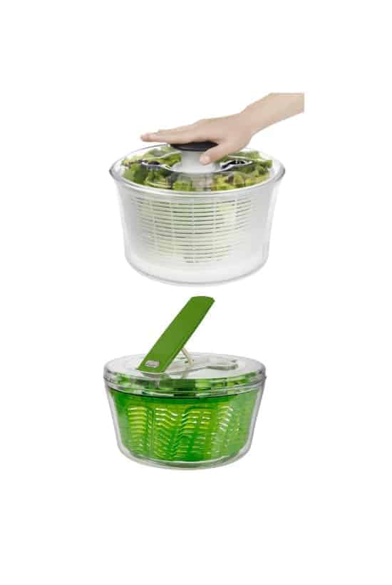 One green and one white salad spinner.