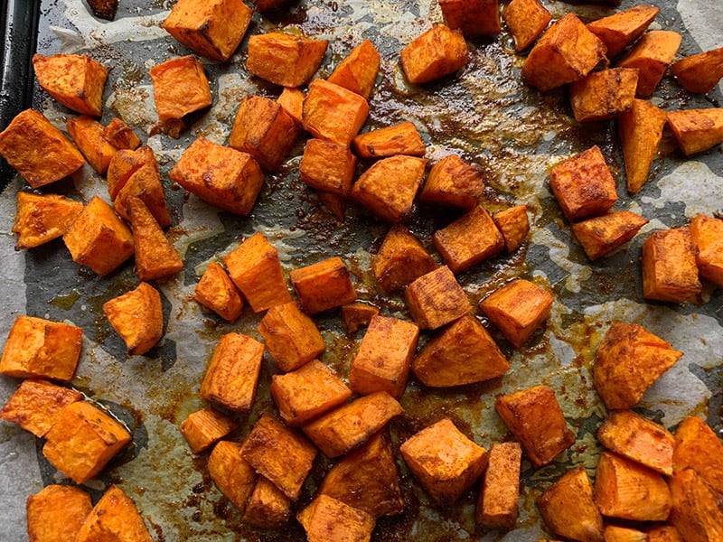SOFT & GOLDEN ROASTED SWEET POTATOES COATED IN SPICES & OIL