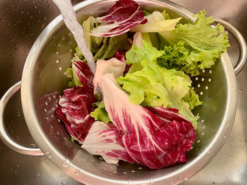 WASHING MIXED SALAD LEAVS IN A STAINLESS STEEL COLANDER UNDER COLD RUNNING WATER IN THE SINK
