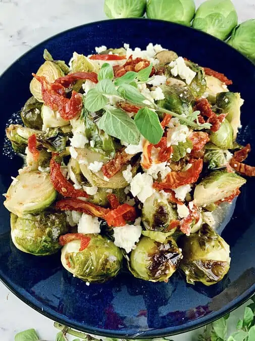 CLOSE UP OF GREEK ROASTED BRUSSELS SPROUT SALAD