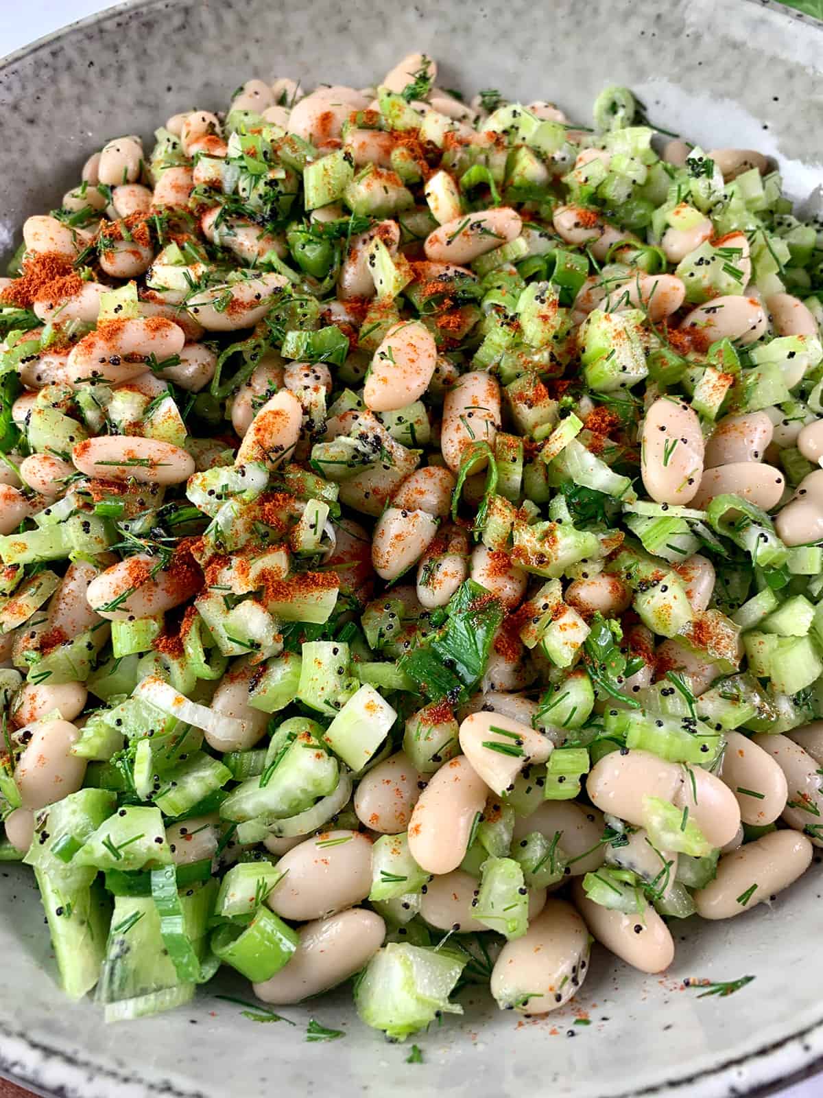 WHITE BEAN SALAD CLOSE UP IN PORTRAIT