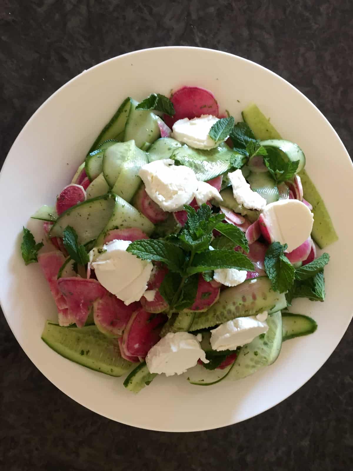 WATERMELON RADISH SALAD WITH CUCUMBER, GOATS CHEESE AND MINTY VINAIGRETTE