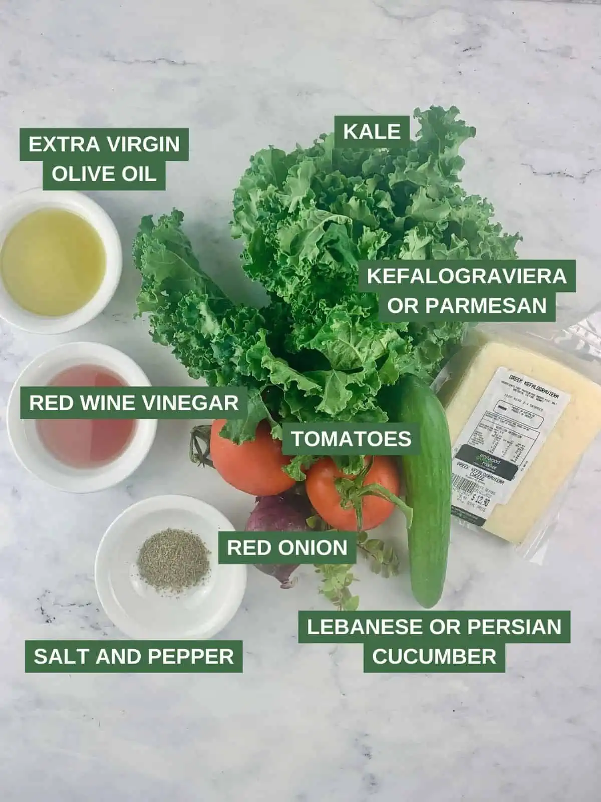 Labelled ingredients needed to make a chopped kale salad.