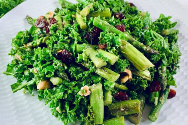 A close-up of Kale and Cranberry Salad on a white patterned plate with curly kale in top left corner.