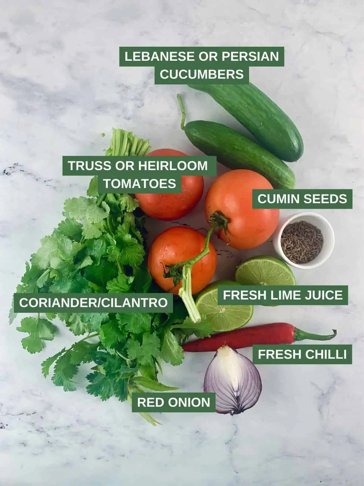 Labelled ingredients needed to make a kachumber salad.