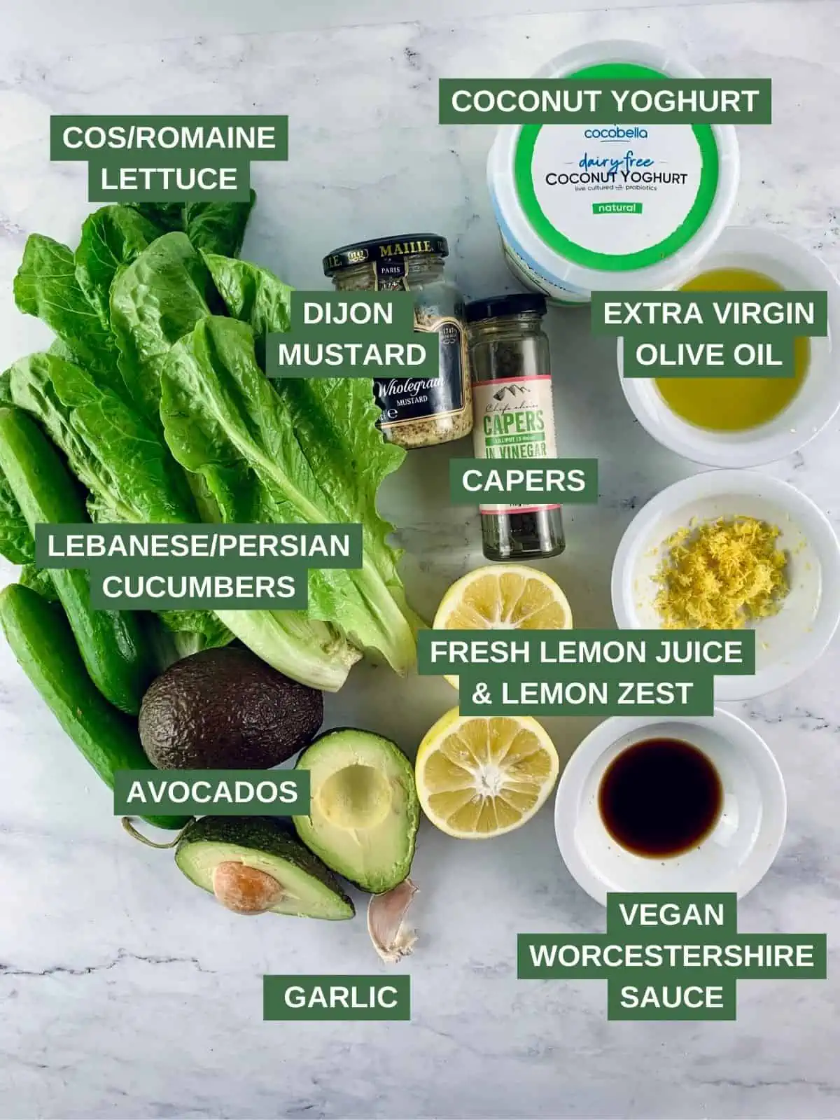 Labelled ingredients needed to make a Romain Avocado salad.