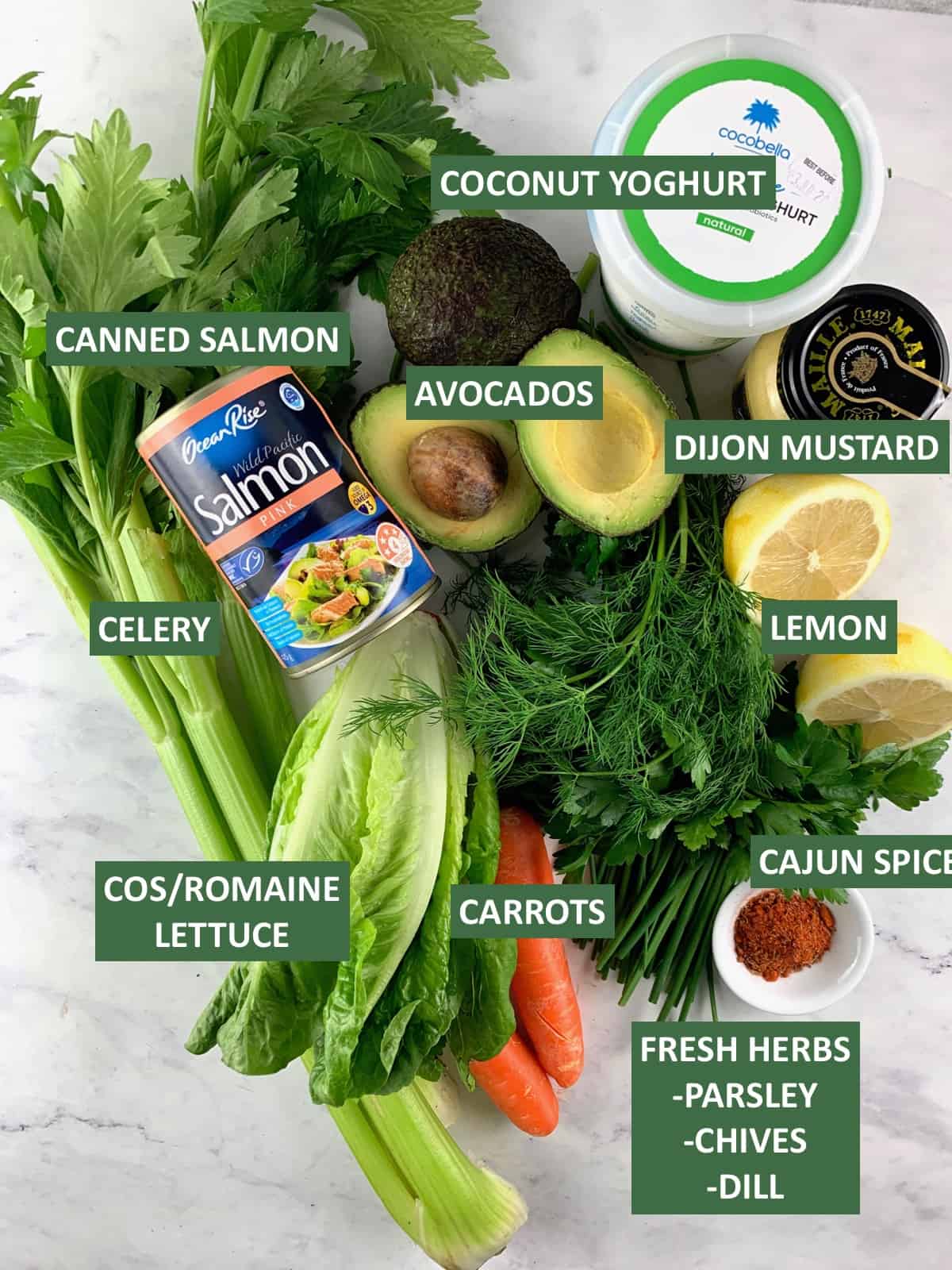 INGREDIENTS FOR CANNED SALMON SALAD WITH TEXT