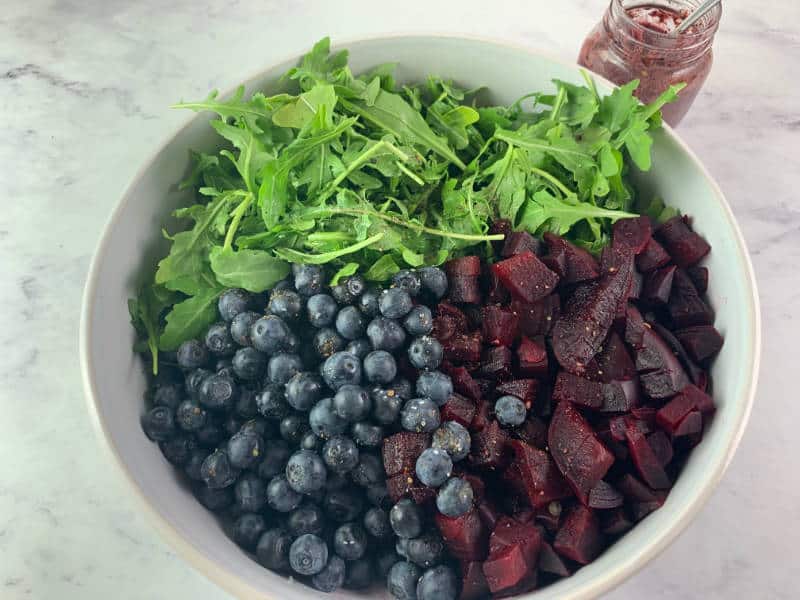 RED WHITE AND BLUE SALAD INGREDIENTS IN A BOWL