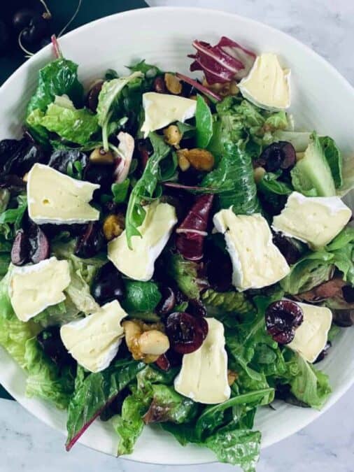 A close-up of brie salad. 