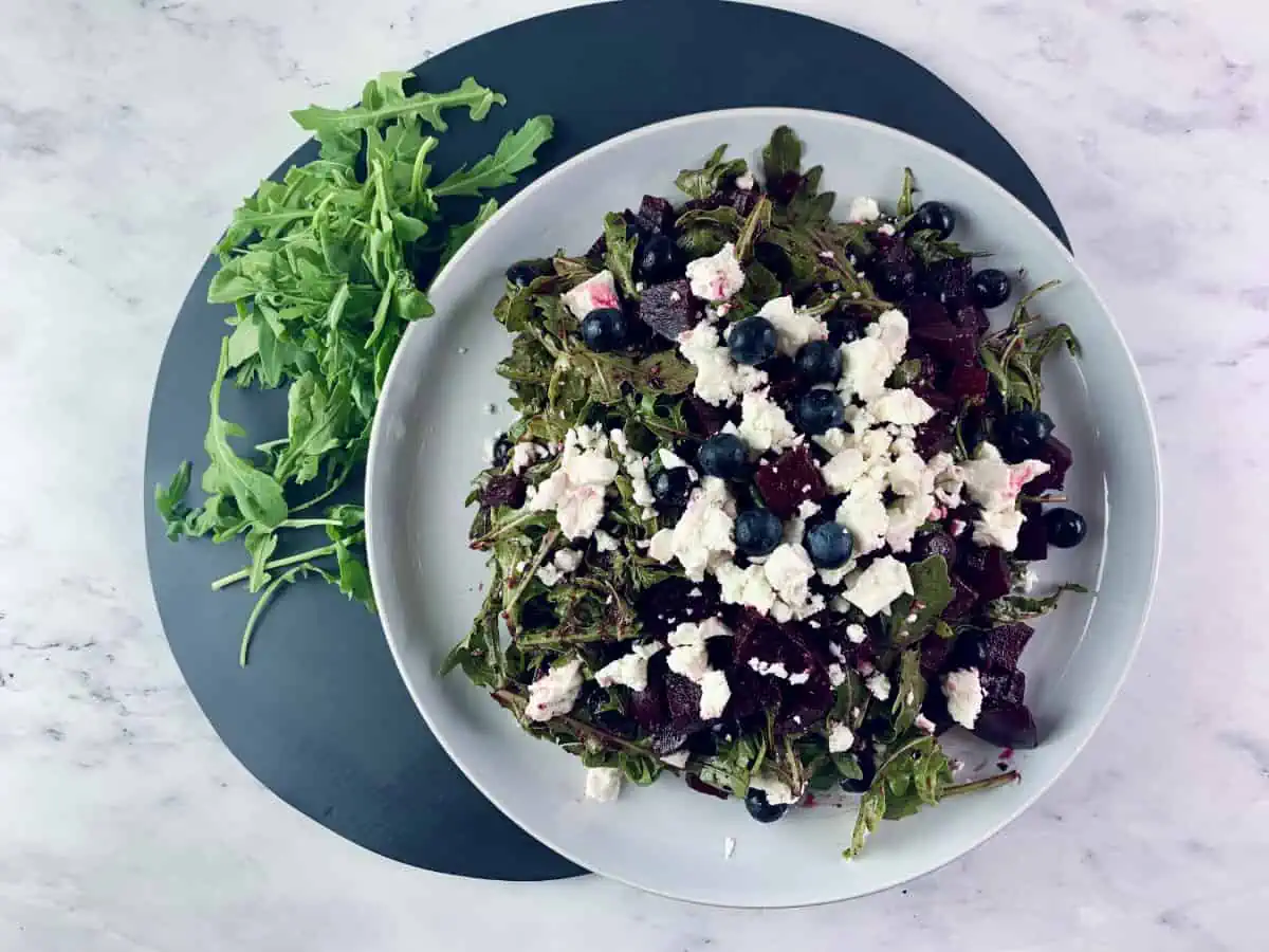 Red white and blue salad with beets, blueberries, arugula and feta.