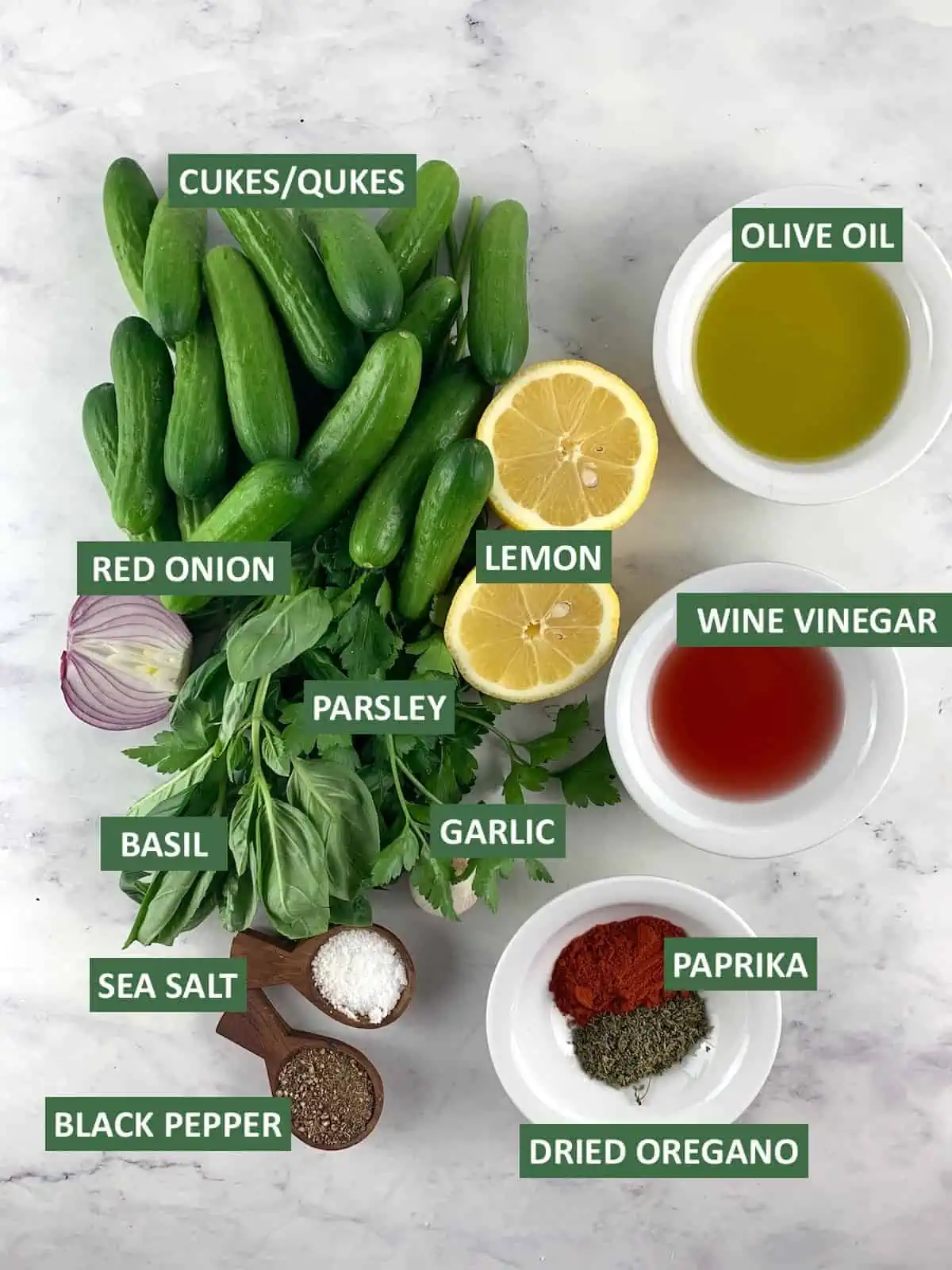 INGREDIENTS NEEDED TO MAKE ITALIAN CUCUMBER SALAD WITH TEXT