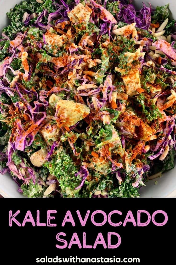CLOSE UP OF KALE AVOCADO SALAD WITH TEXT OVERLAY