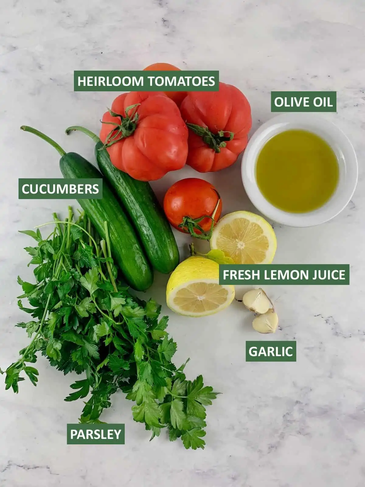 LABELLED INGREDIENTS TO MAKE MEDITERRANEAN TOMATO AND CUCUMBER SALAD I