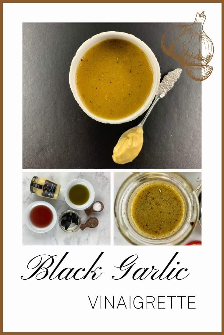 BLACK GARLIC VINAIGRETTE IN WHITE BOWL WITH SPOON OF DIJON NEXT TO IT WITH TEXT OVERLAY