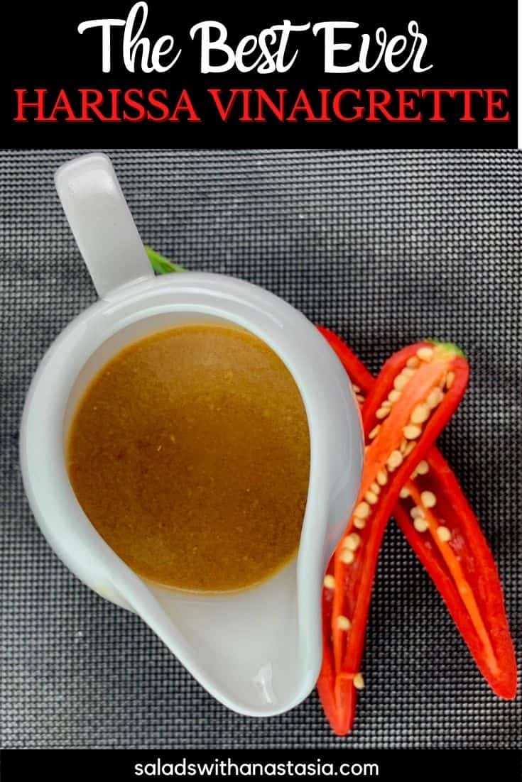 HARISSA VINAIGRETTE IN A WHITE JUG WITH CUT CHILLIS ON THE SIDE WITH TEXT OVERLAY