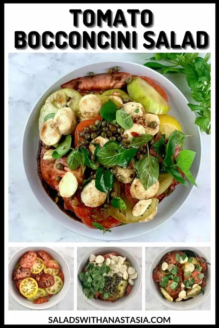 TOMATO AND BOCCONCINI SALAD In white bowl with how to pics & text overlay