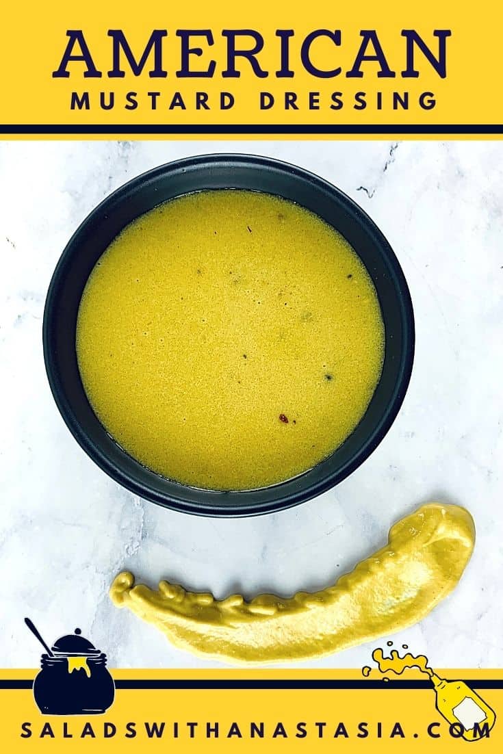 AMERICAN MUSTARD DRESSING IN A BLACK BOWL WITH A YELLOW MUSTARD SMEAR ON THE SIDE & A TEXT OVERLAY