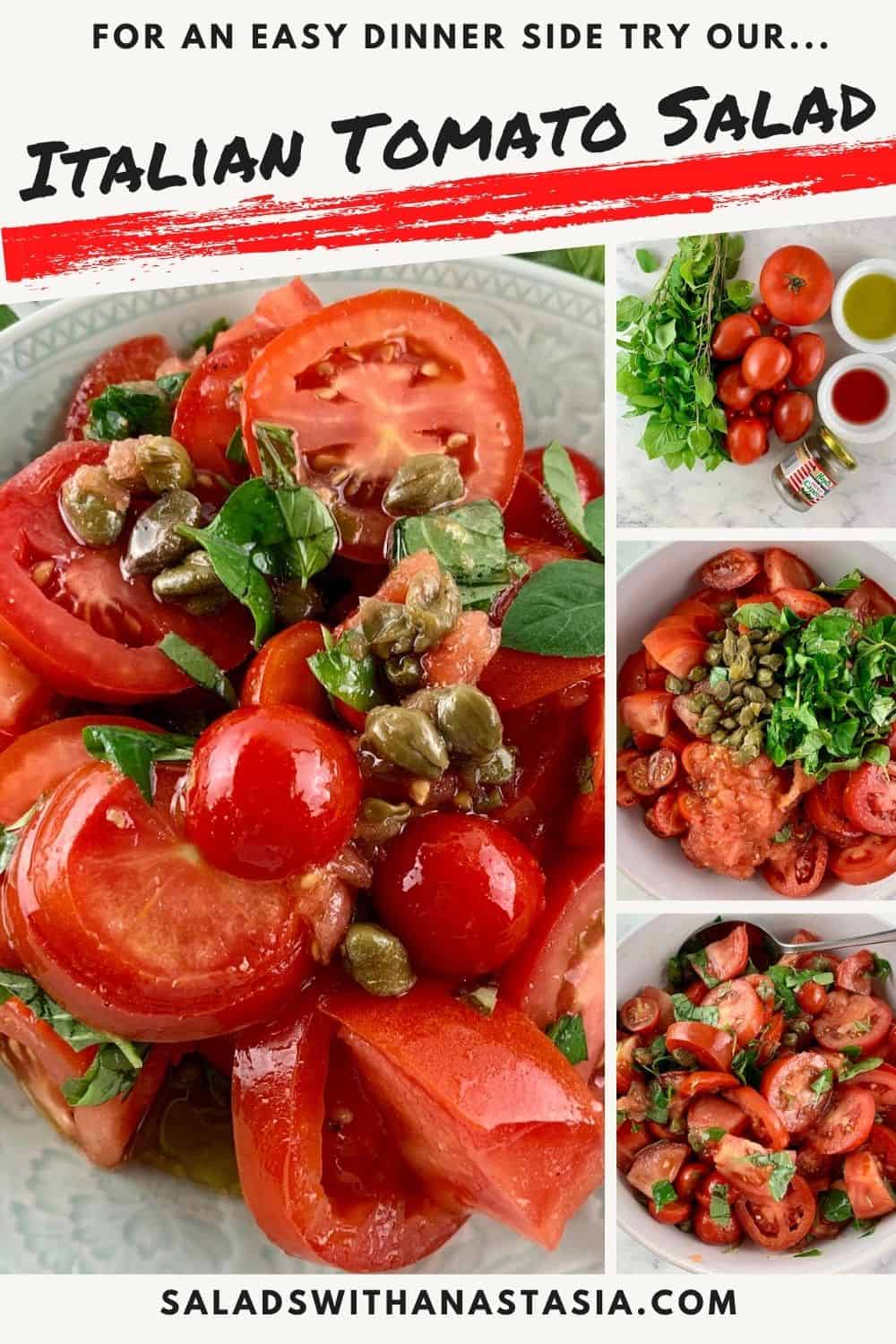 Italian tomato salad in a mint bowl with tomatoes and basil on the side & text overlay.