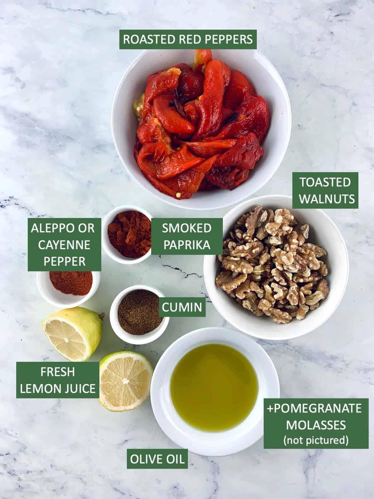 Labelled ingredients needed to make our Lebanese Muhammara Recipe.