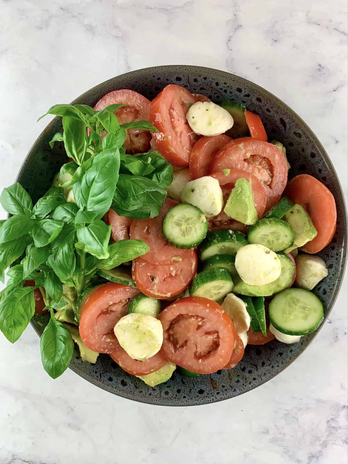 TRICOLORE SALAD IN A DARK GREY BOWL WITH BASIL SPRIGS ON THE SIDE
