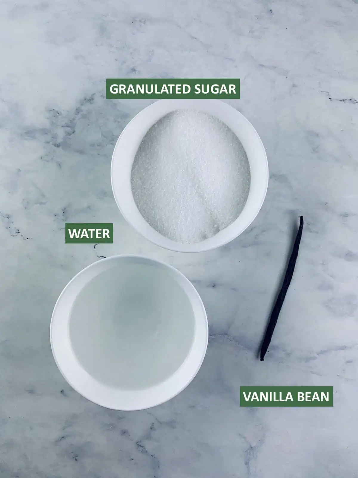 LABELLED INGREDIENTS NEEDED TO MAKE VANILLA BEAN SYRUP