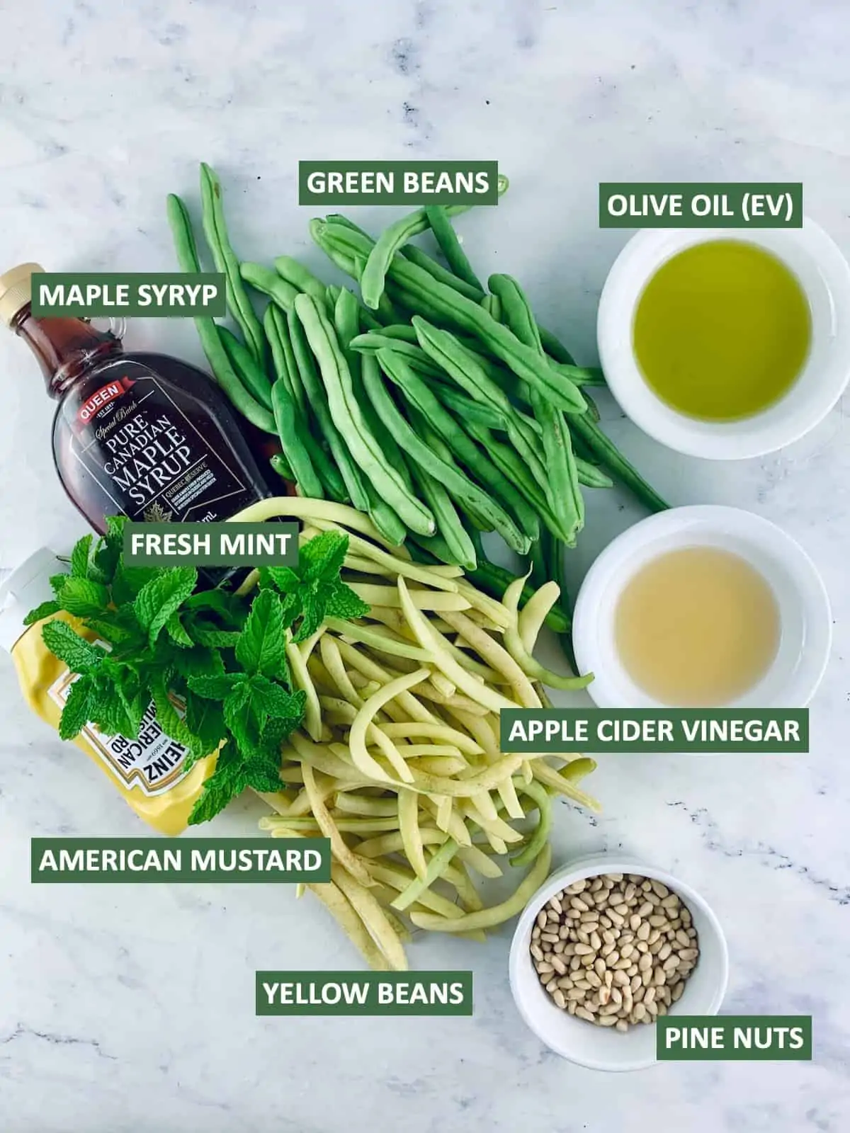 Labelled ingredients needed to make a Yellow Bean Salad.