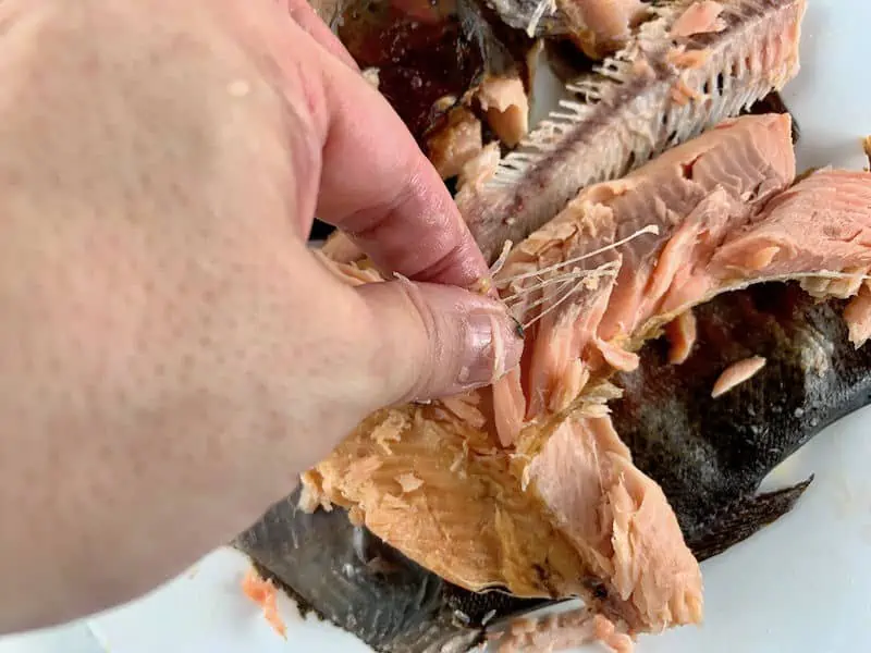 HANDS CAREFULLY REMOVING SMALL BONES FROM SMOKED TROUT
