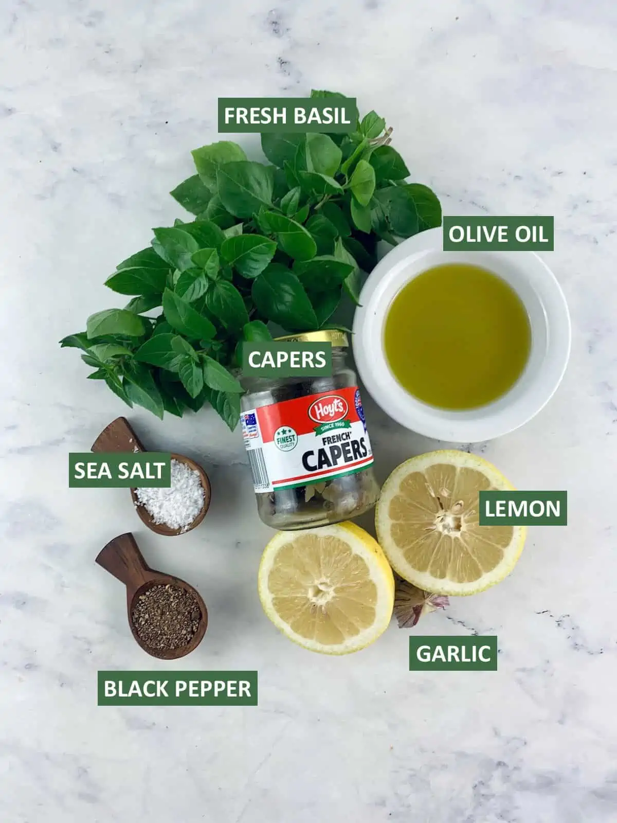 LABELLED INGREDIENTS NEEDED TO MAKE BASIL CAPER DRESSING