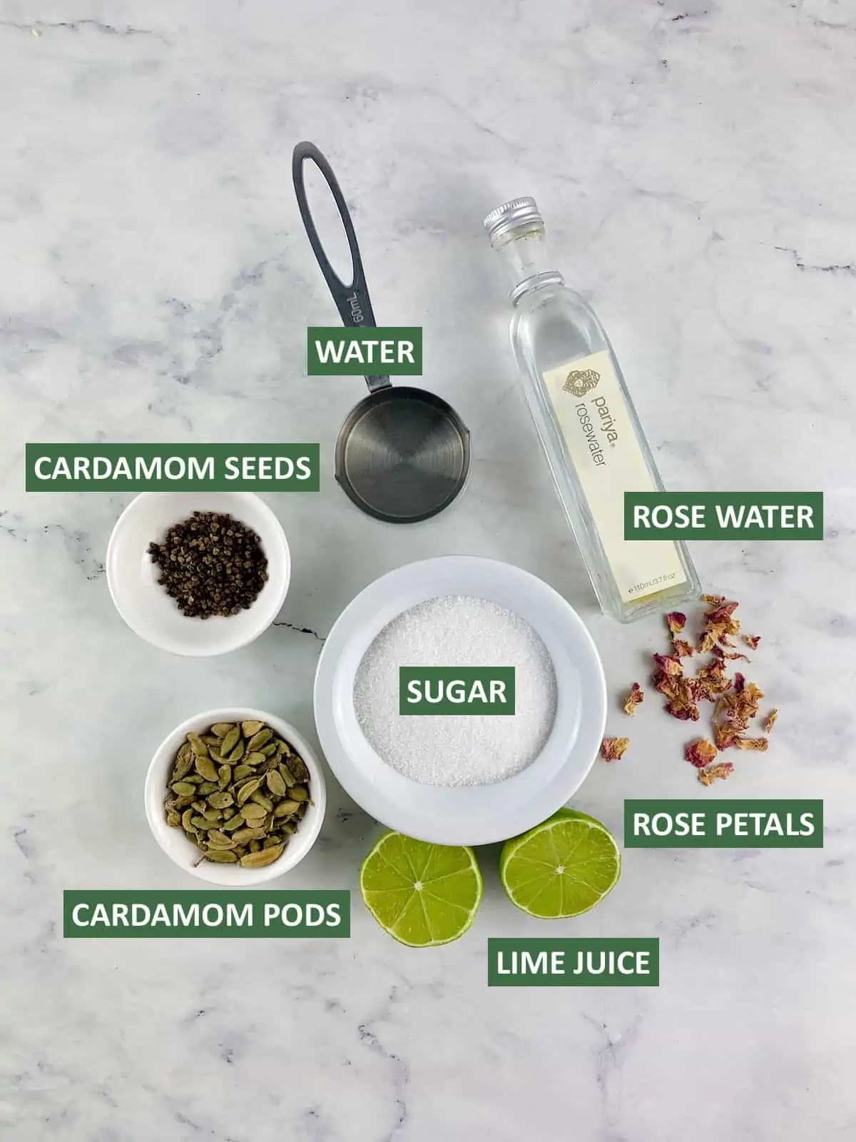 LABELLED INGREDIENTS NEEDED TO MAKE CARDAMOM SYRUP