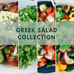 NARROW PICS OF VARIOUS GREEK SALADS WITH A TEXT OVERLAY