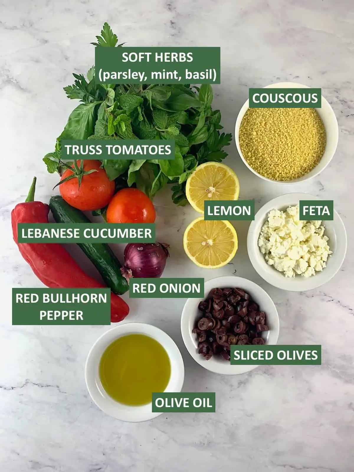 LABELLED INGREDIENTS FOR MEDITRRANEAN COUSCOUS SALAD