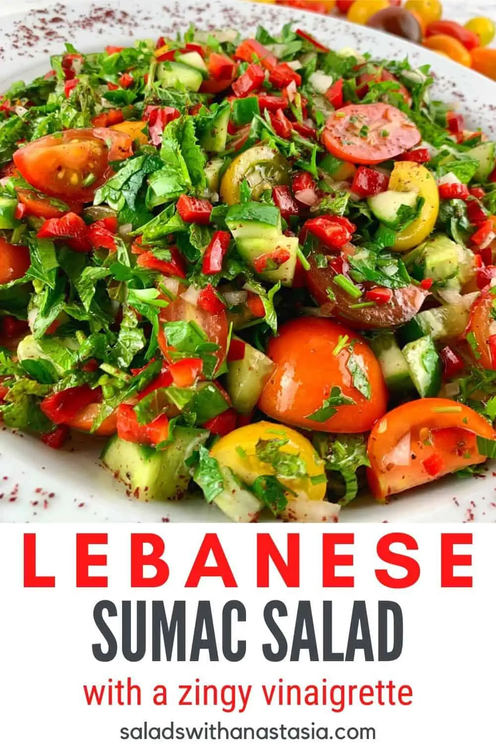 Close up of Lebanese Sumac Salad with a text overlay.
