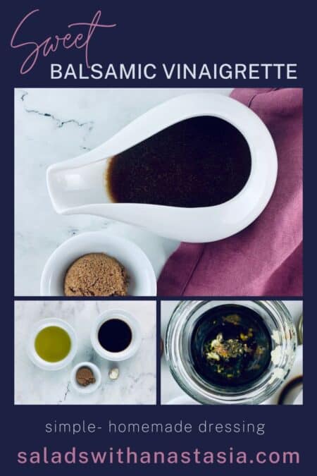 Sweet balsamic vinaigrette in a small white jug with brown sugar in a small white bowl underneath and a pink linen napkin on the right with steps and text overlay.