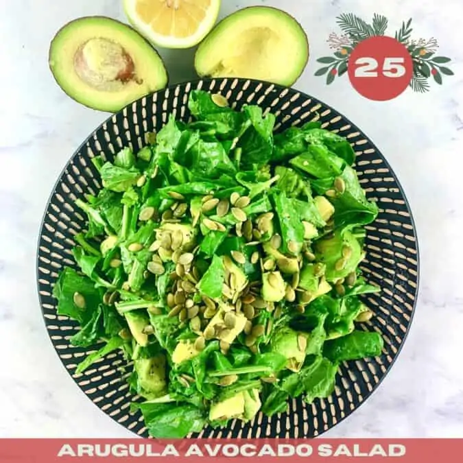 Arugula Avocado Salad with the number 25 and text overlay.
