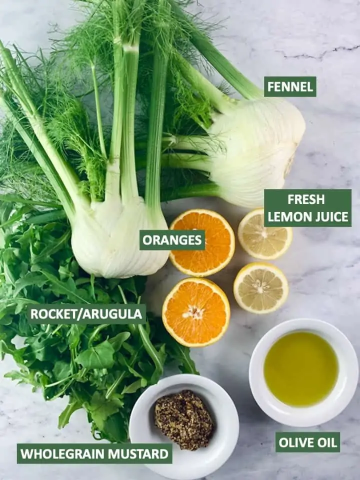 Labelled ingredients needed to make fennel and orange salad.
