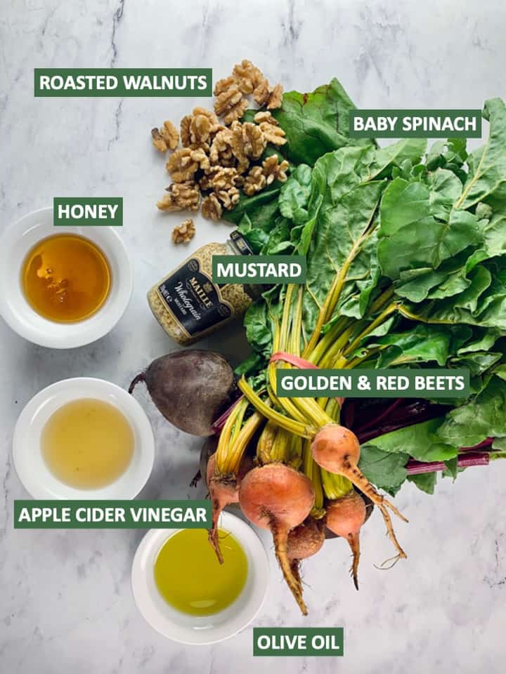 Labelled ingredients needed to make golden beet salad.
