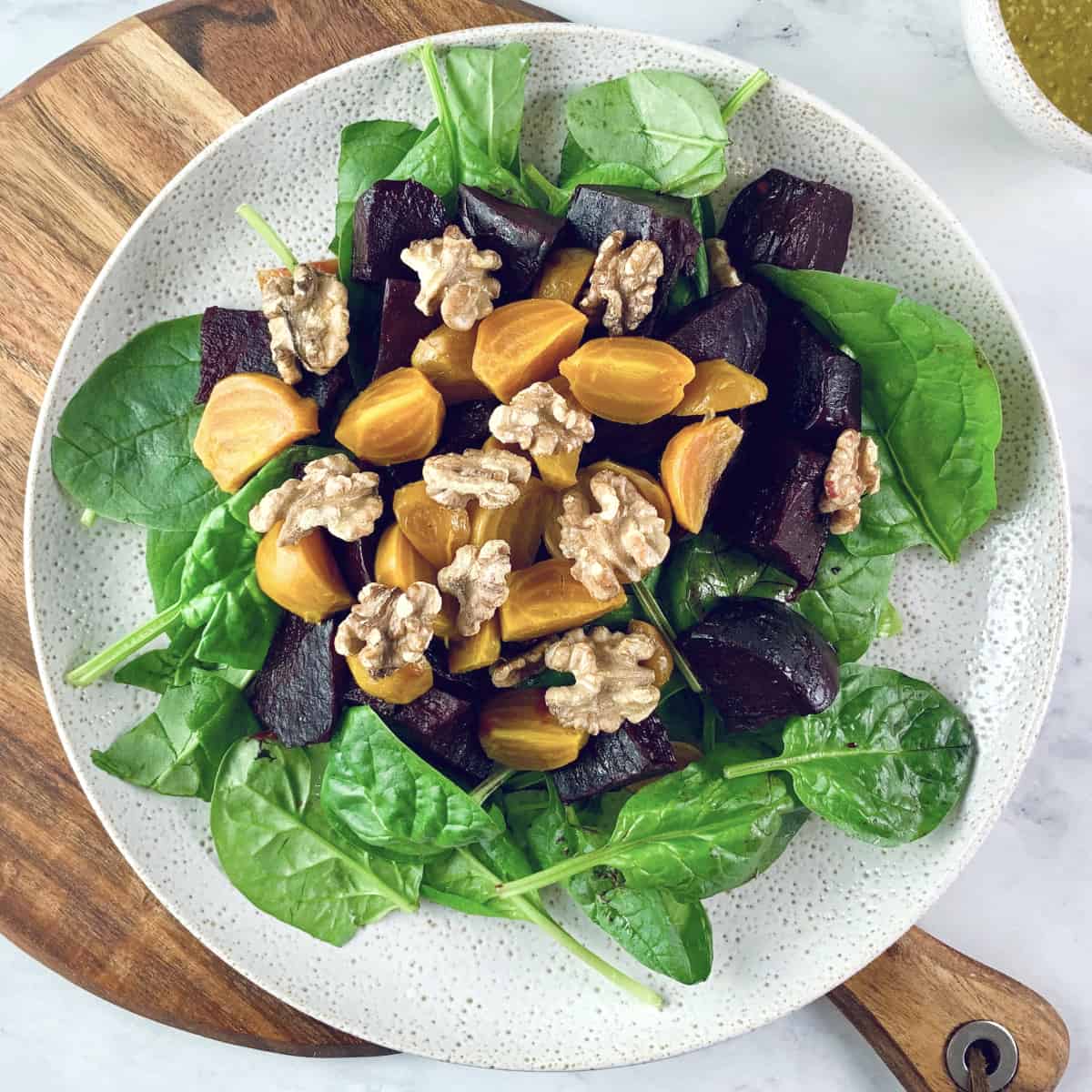 GOLDEN BEET SALAD WITH WALNUTS, SPINACH & HONEY MUSTARD DRESSING ON THE SIDE