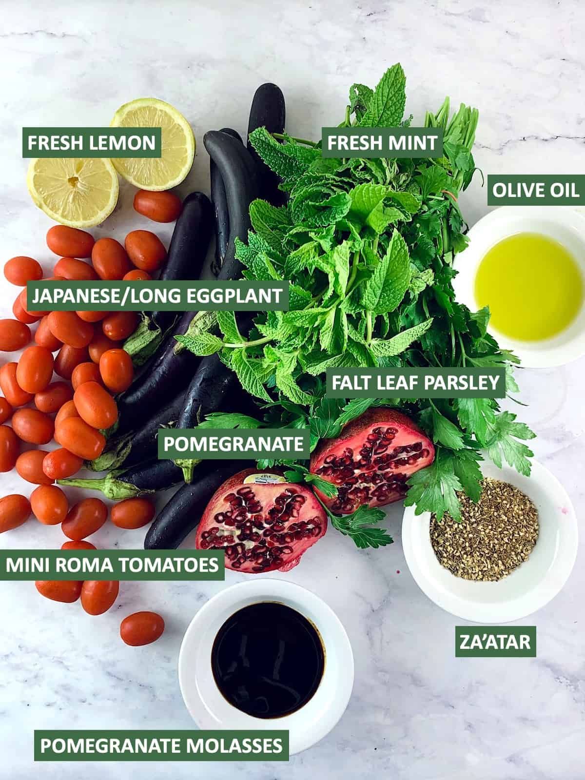 Labelled ingredients needed to make sauteed eggplant salad.