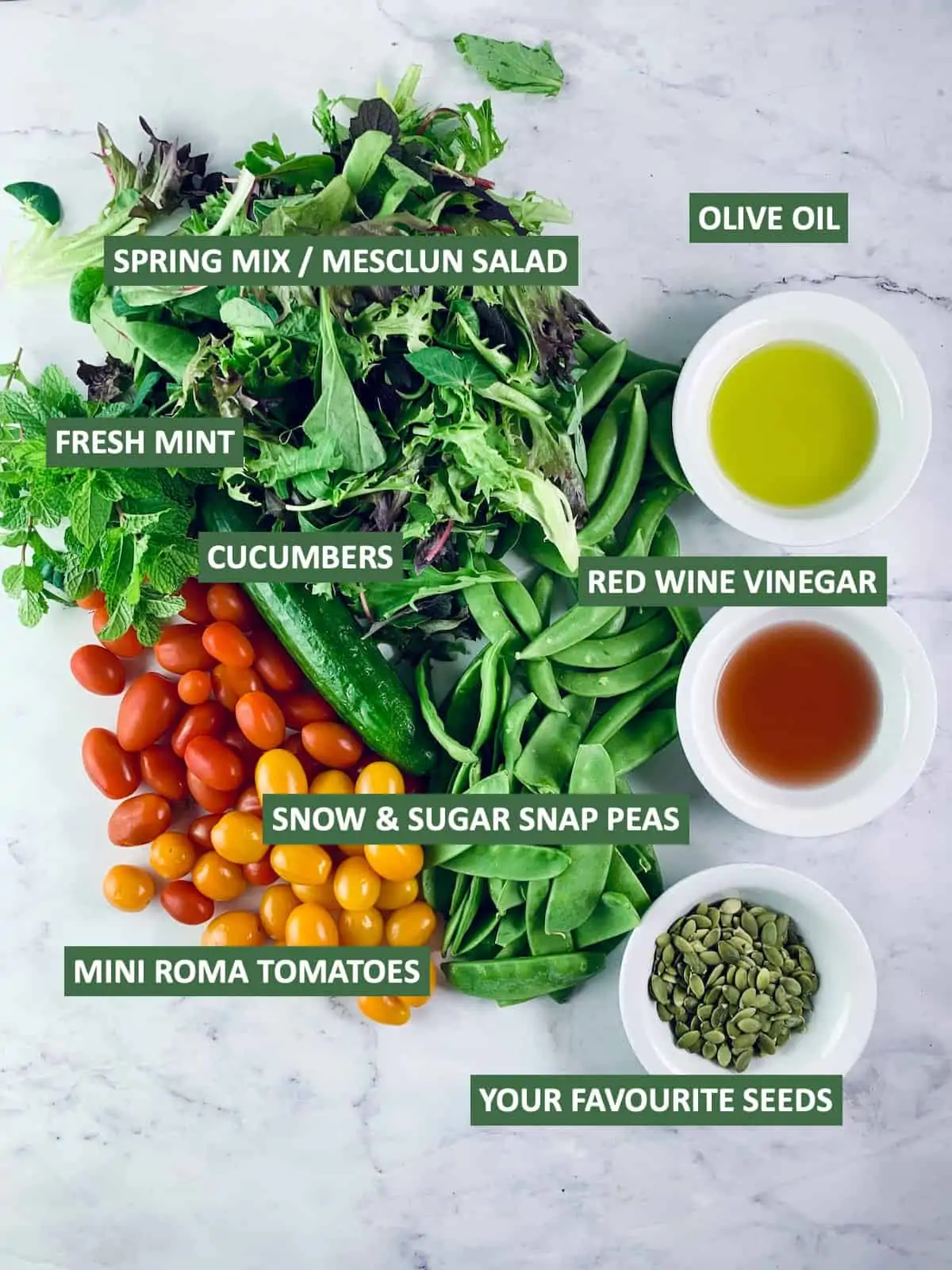 Labelled ingredients needed to make Spring Mix Salad.