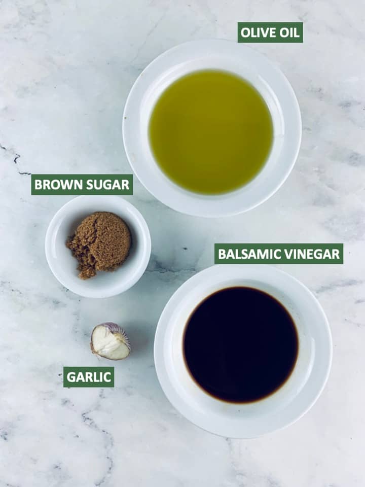Labelled ingredients needed to make sweet balsamic vinaigrette.