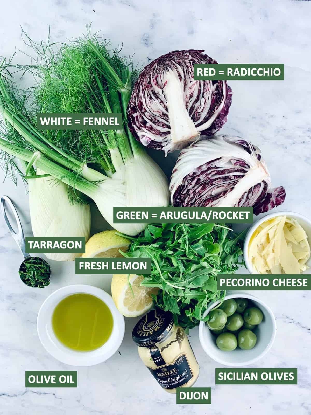 Labelled ingredients needed to make a tri color salad.