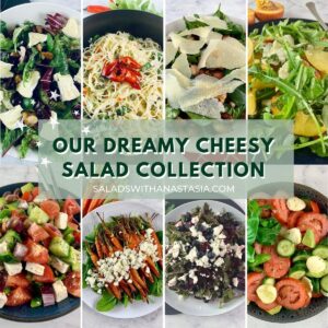 Various salads with cheese and a text overlay.
