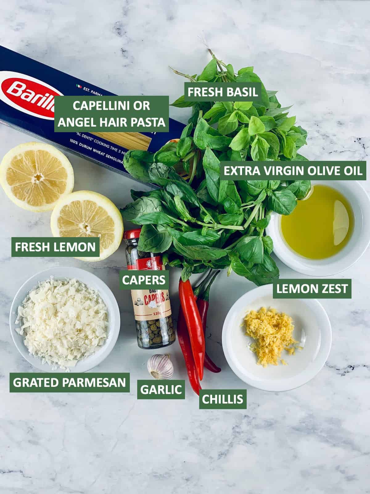 Labelled ingredients needed to make lemon capellini salad.